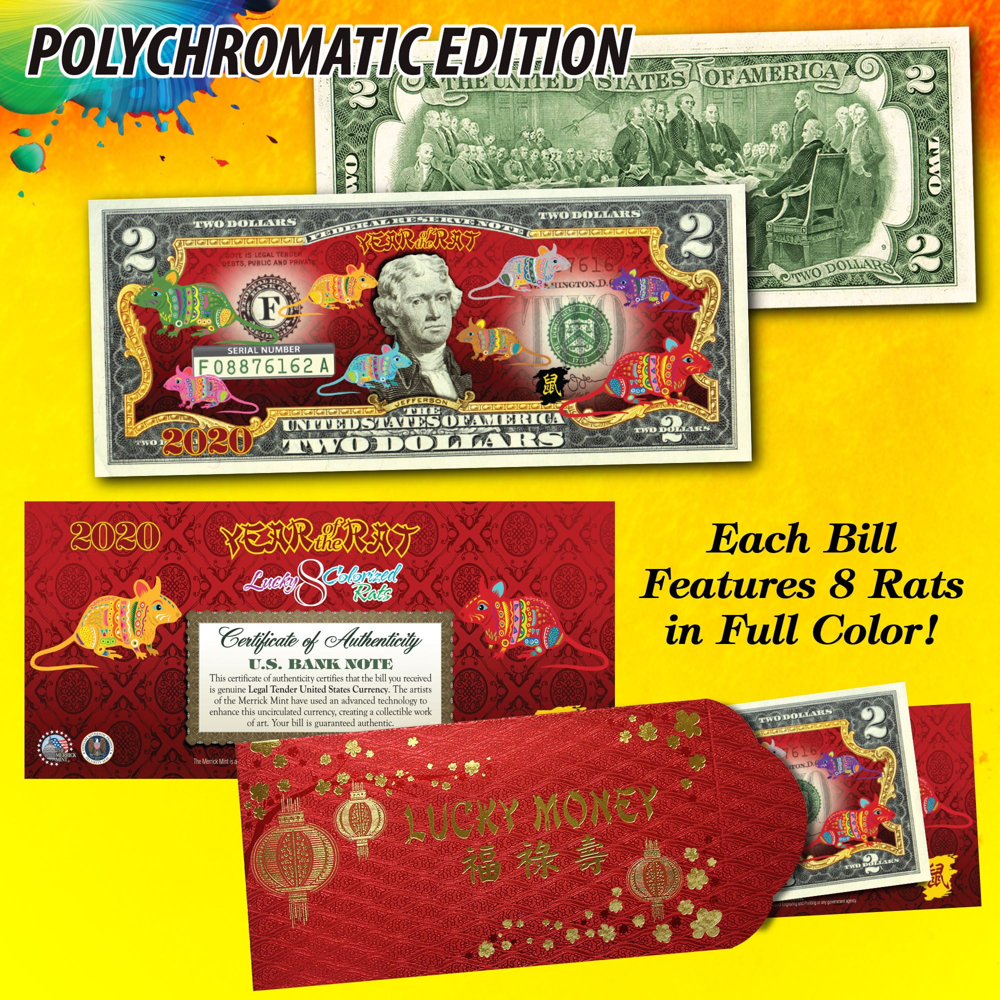 Chinese 12 Zodiac YEAR OF THE RABBIT Colorized USA $2 Dollar Bill Certified 