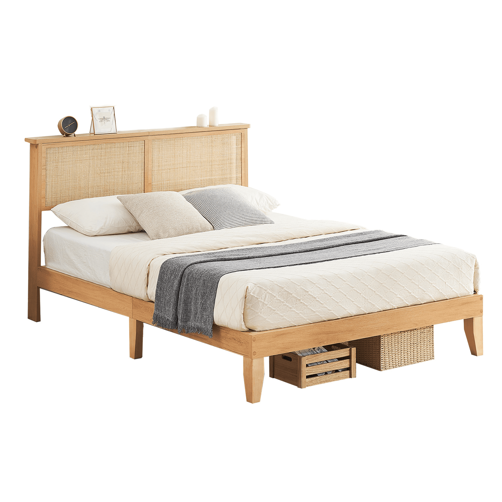 Rattan Queen Bed Frame, Queen Size Bed Frame with Natural Rattan Headboard, Platform Bed Frame with LED Lights, Under Bed Storage and Wooden Legs Support, Noise-Free, No Box Spring Needed