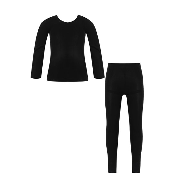 Hansber Kids Girls 2 Piece Basic Sport Underwear Set Round Neck Tops and Tight Pant Dance Gym Base Black M