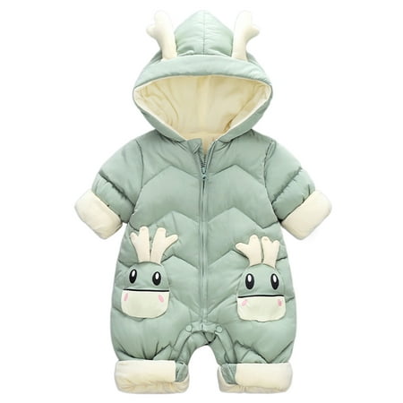 

Bomotoo Newborn Cute Onesies One Piece Loose Puffer Romper Party Cartoon Print Thicken Hooded Jumpsuit Green 100cm