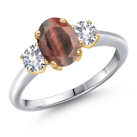 Gem Stone King 925 Silver and 10K Yellow Gold Red Tiger Eye and White Created Sapphire Engagement Ring for Women | 1.75 Cttw | Oval 8X6MM | Gemstone Birthstone | Size 5