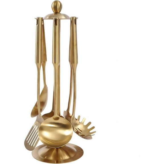 MONIPA Gold Stainless Steel 7 Piece Cooking Utensils Set With Holder Kitchen Utensils Set