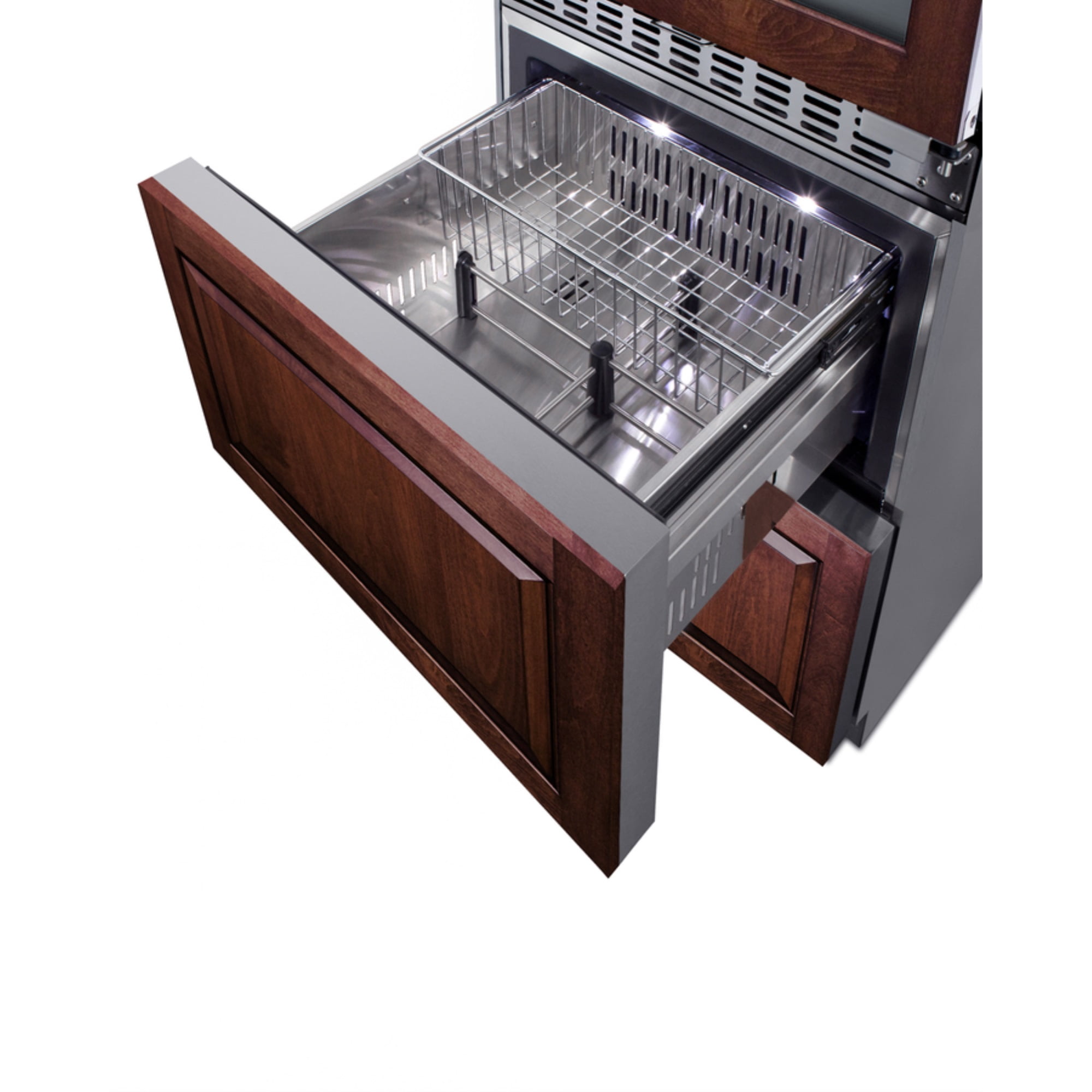 24 Inches wide combination built-in/freestanding upright dual zone wine cellar and 2-drawer refrigerator, panel-ready front
