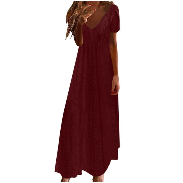 Cinvoph Womens Boho Dresses Short Ruffle Sleeve V-Neck Eyelet Mesh Dresses Casual Flowy Swing Vocation Beach Prasant Dress with Pockets