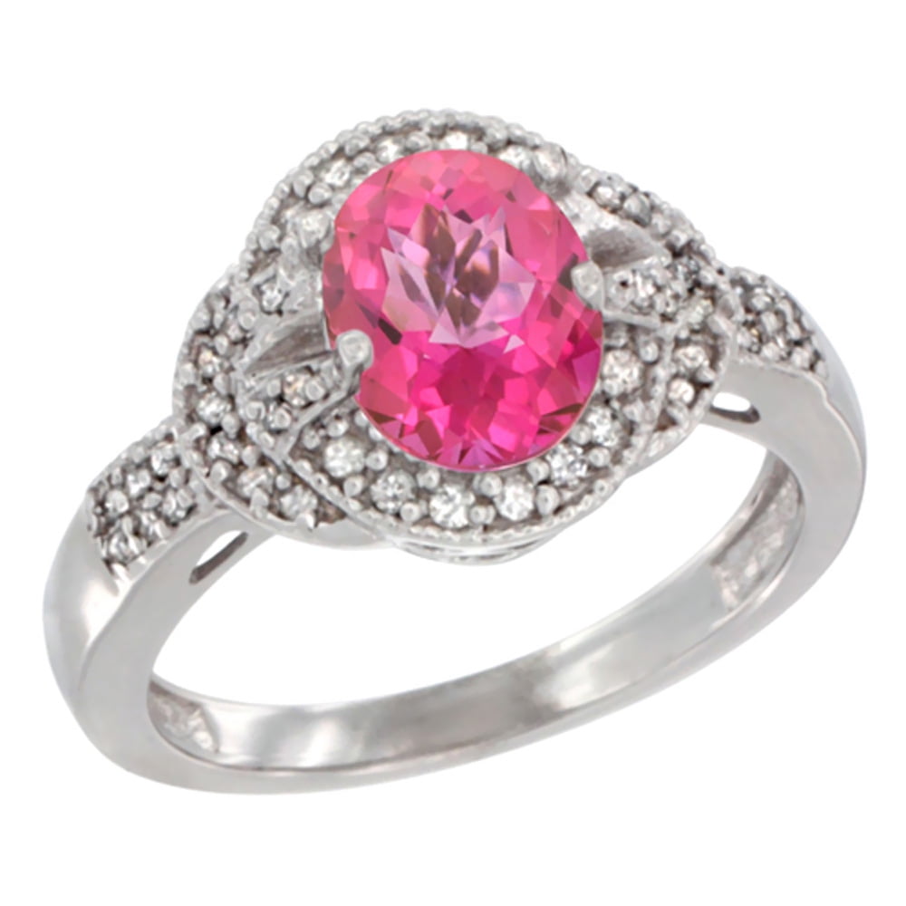 14K White Gold Natural Pink Sapphire Ring Oval 8x6 mm Diamond Accent, size 5.5 by Gabriella Gold