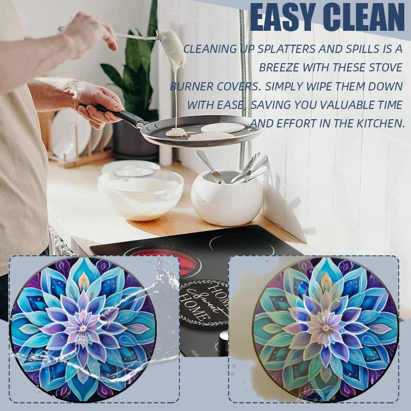 Round Burner Covers for Electric Stove, Blue Purple Mandala Lotus Flower Decorative Metal Stove Burner Cover Kits Set of 4 for Kitchen, 8 Inches and 10 Inches