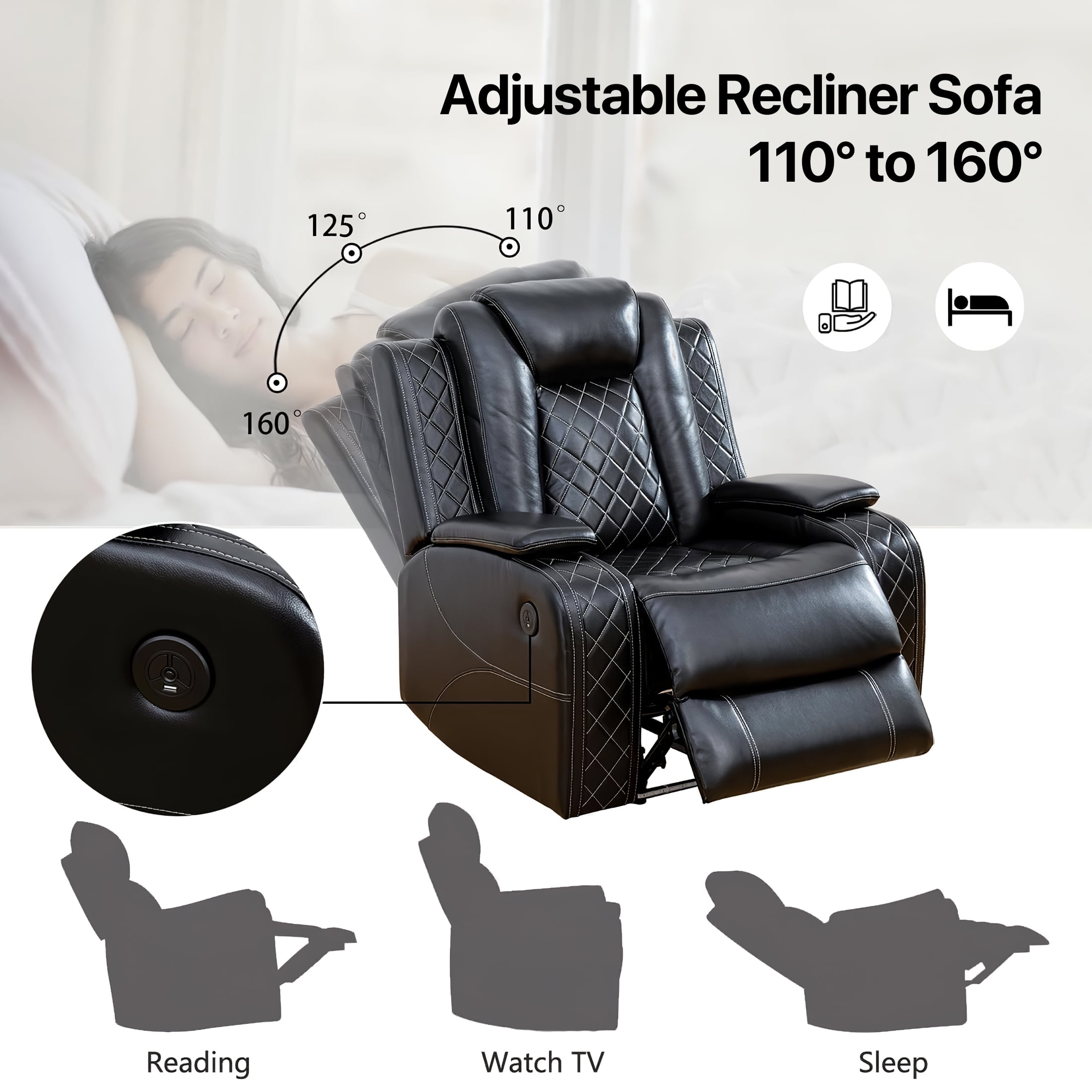 Aukfa Power Recliner Chair Sofa with Storage and USB for Living Room,Black