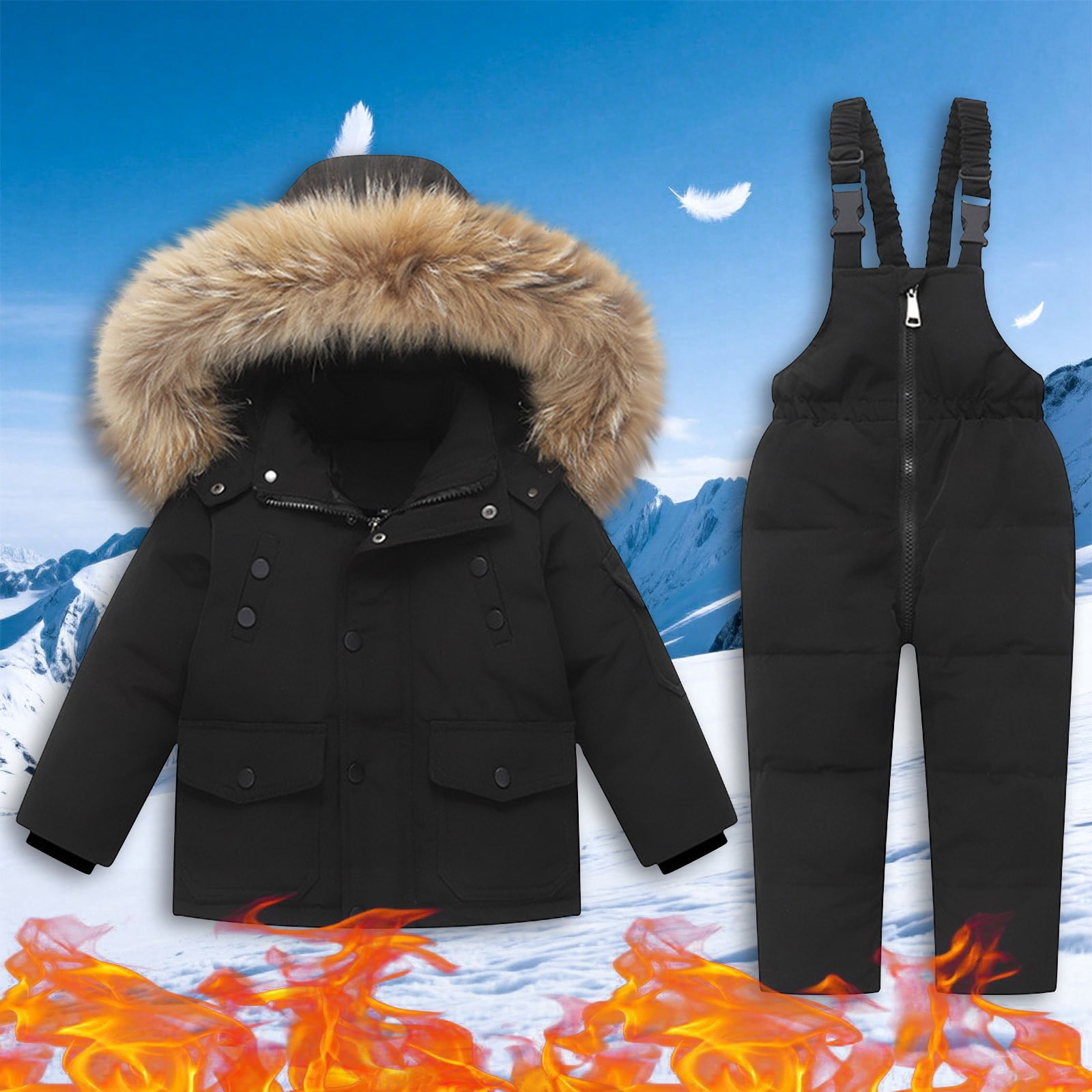 Toddler Ski Suits - Unisex Baby Girls' Boys' Snow Suits - Kids Winter Long Sleeve Hooded Puffer Jackets and Skiing Bibs 2 Piece Snowsuit for Outdoor Snowboarding Down Coats