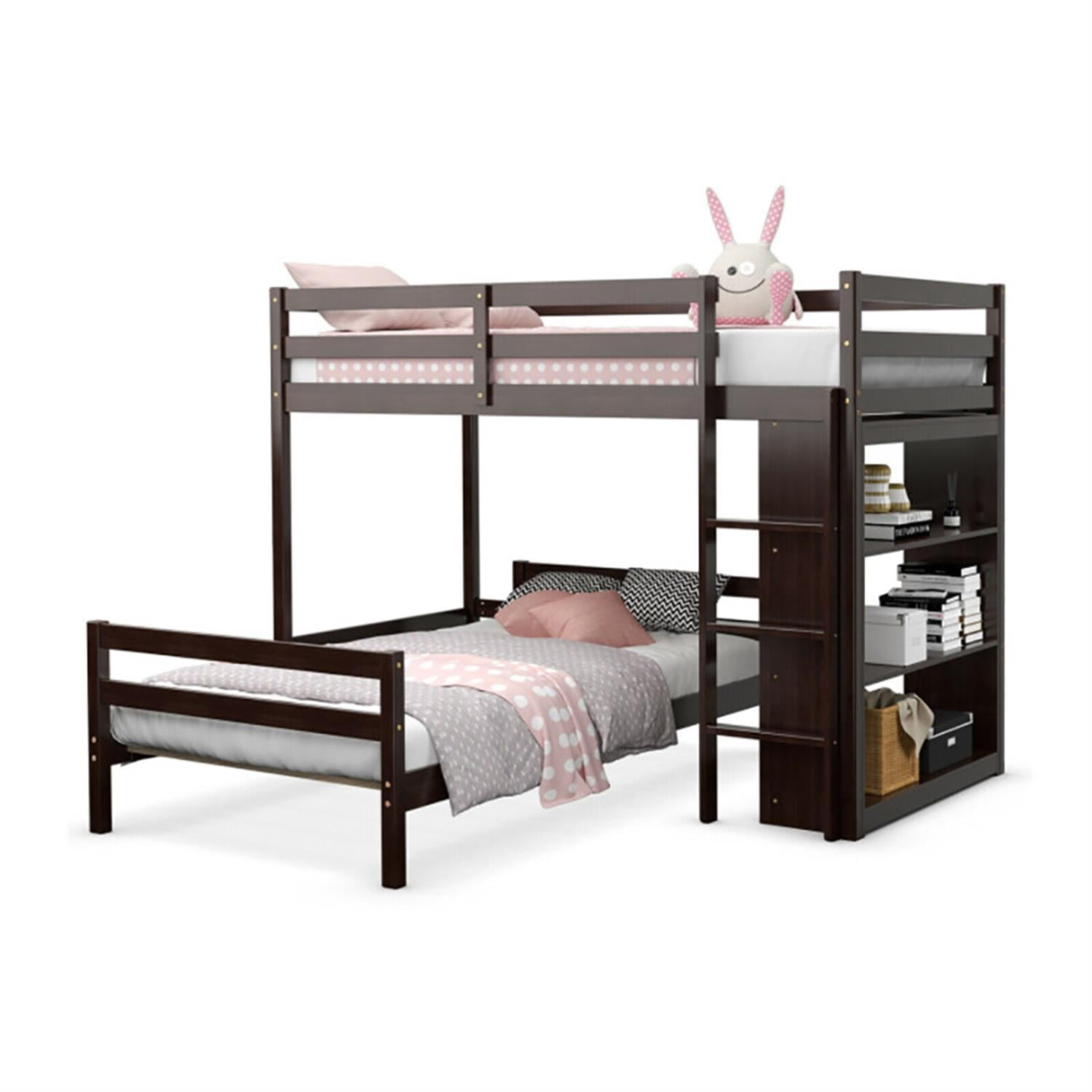 Demi Bonn Twin Over Twin Loft Bunk Bed with Bookcase, Space-saving Solid Wood House Bed Frame, Brown