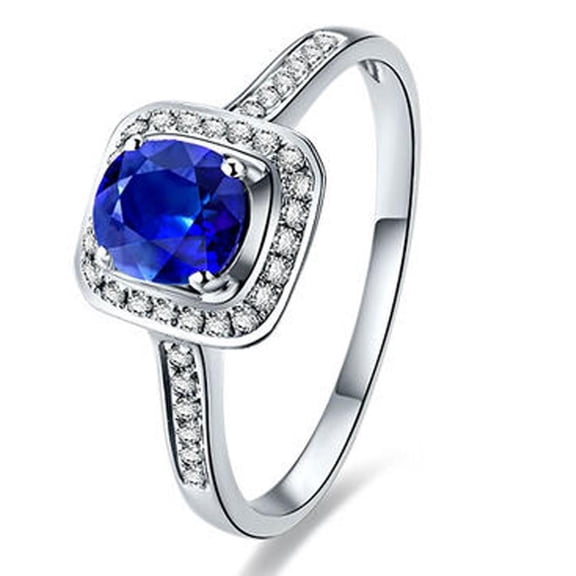 Art Deco 2 Carat Blue Sapphire 8x6mm Oval Cut And Moissanite Diamond Halo Engagement Ring for Women in 10k White Gold