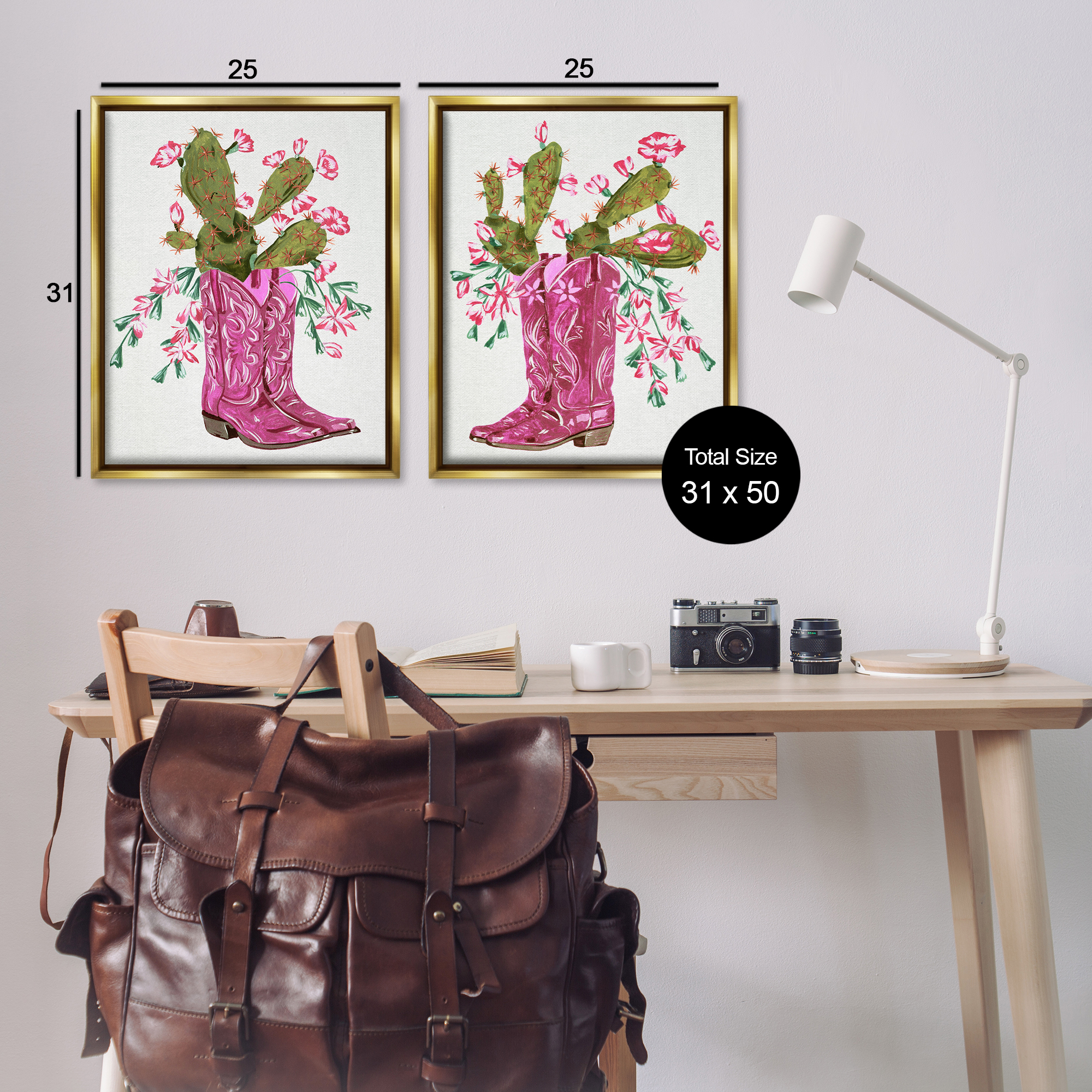 Stupell Industries Cactus in Pink Cowgirl Boots Entertainment Painting Gold Floater Framed Canvas Art Print Wall Art, 31 x 25, Set of 2