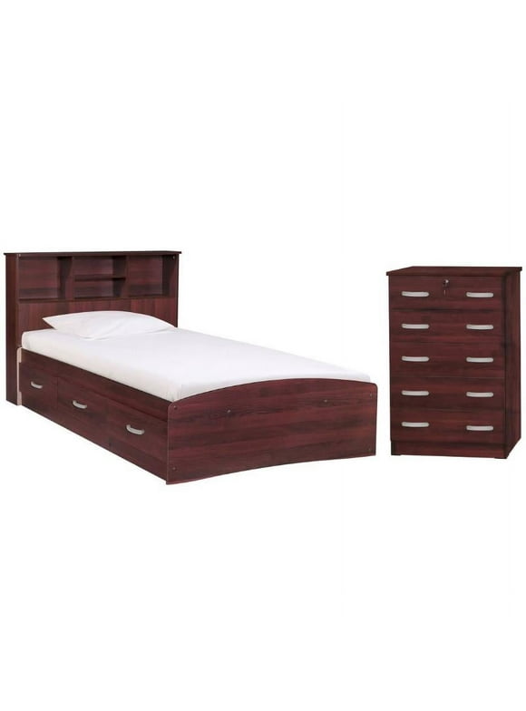 Home Square 2-Piece Set with Twin Captains Bed & Dresser with Lock in Mahogany