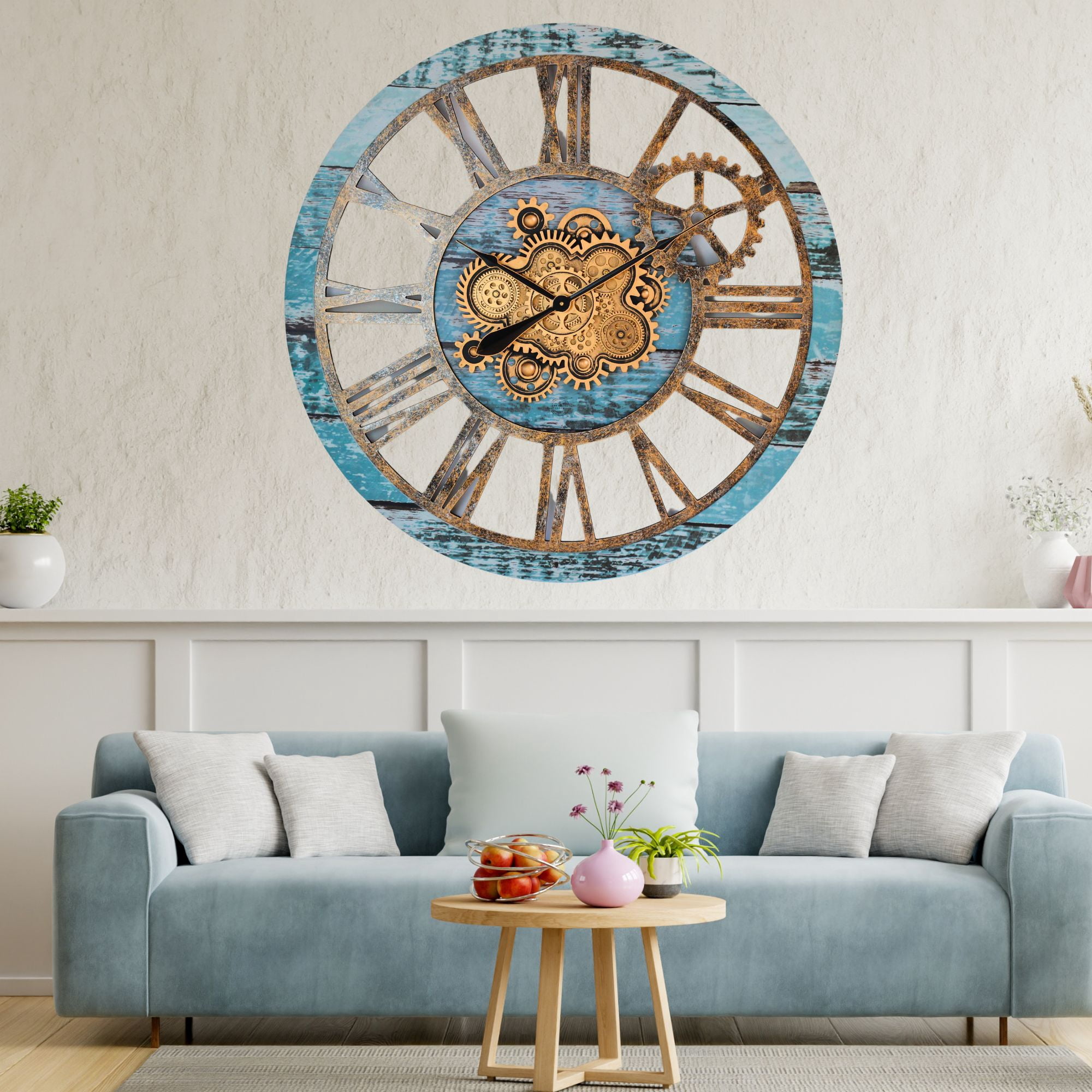 THE GEARS CLOCK Wall Clock with Real Moving Gears AM-LI_ 36 in Round Aqua-Green