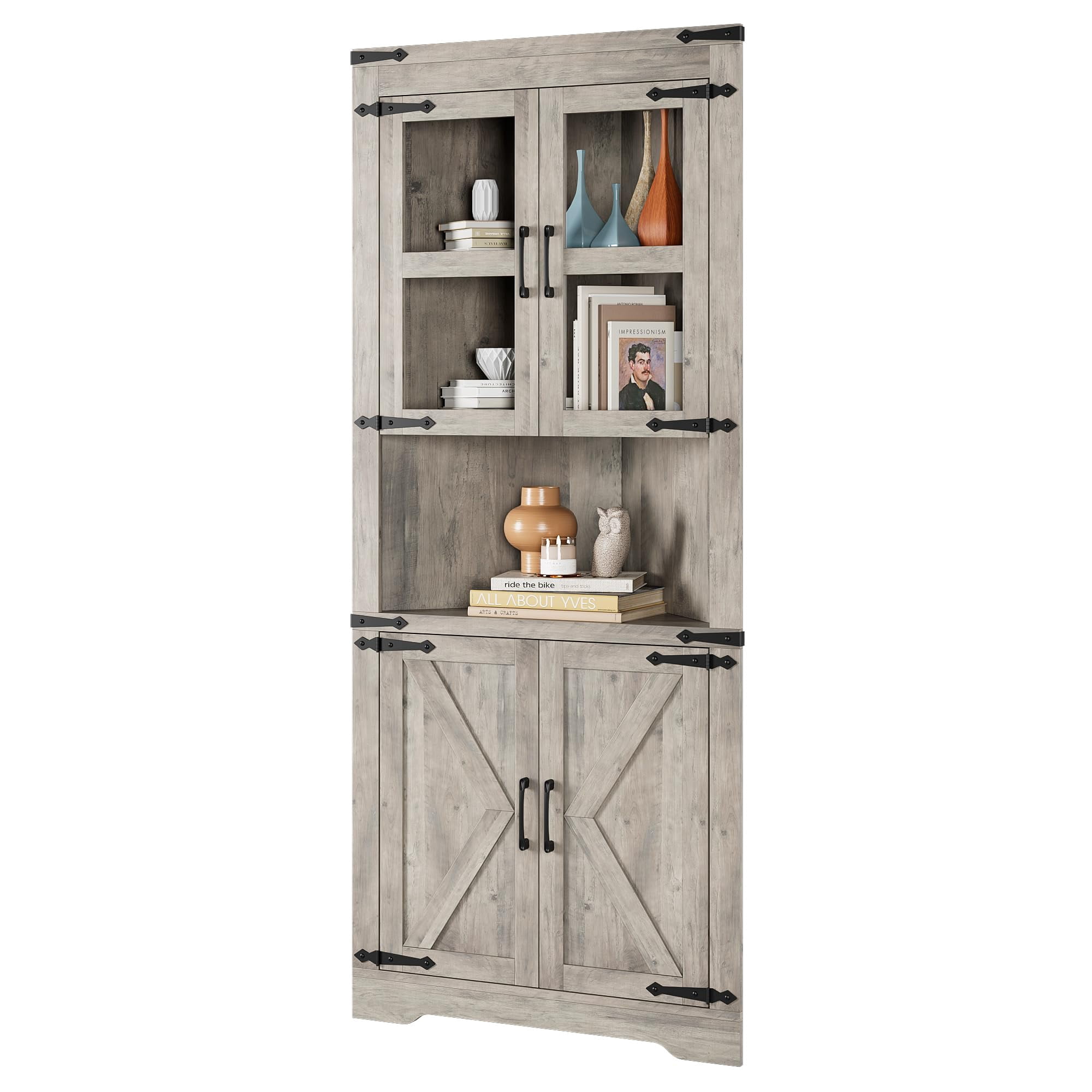 Juiluna Farmhouse Corner Cabinet, Tall Corner Storage Cabinet with Glass Door & Adjustable Shelves, Bathroom Cabinet with Storage for Living Room, Kitchen, Bathroom, Washed Grey/White