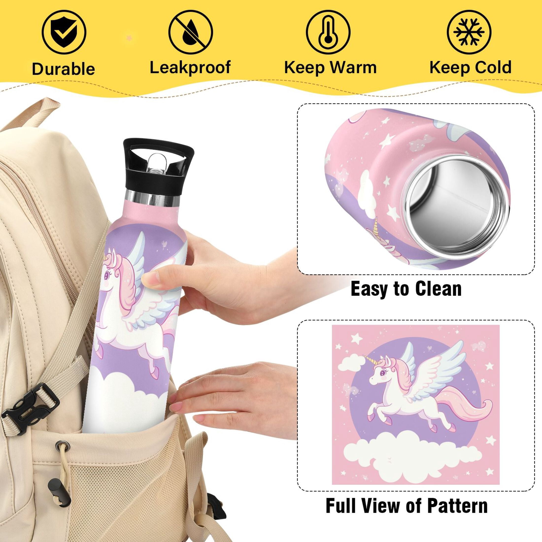 Kids Insulated Stainless Steel Sports Water Bottle 600ml (20oz) Flying Unicorn with Wings