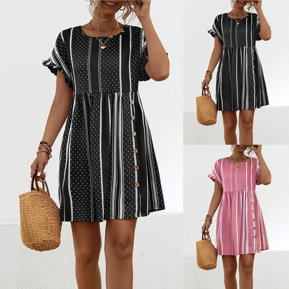 Antinious Women Short Sleeve Round Neck Knee Length Casual Breathable Dress