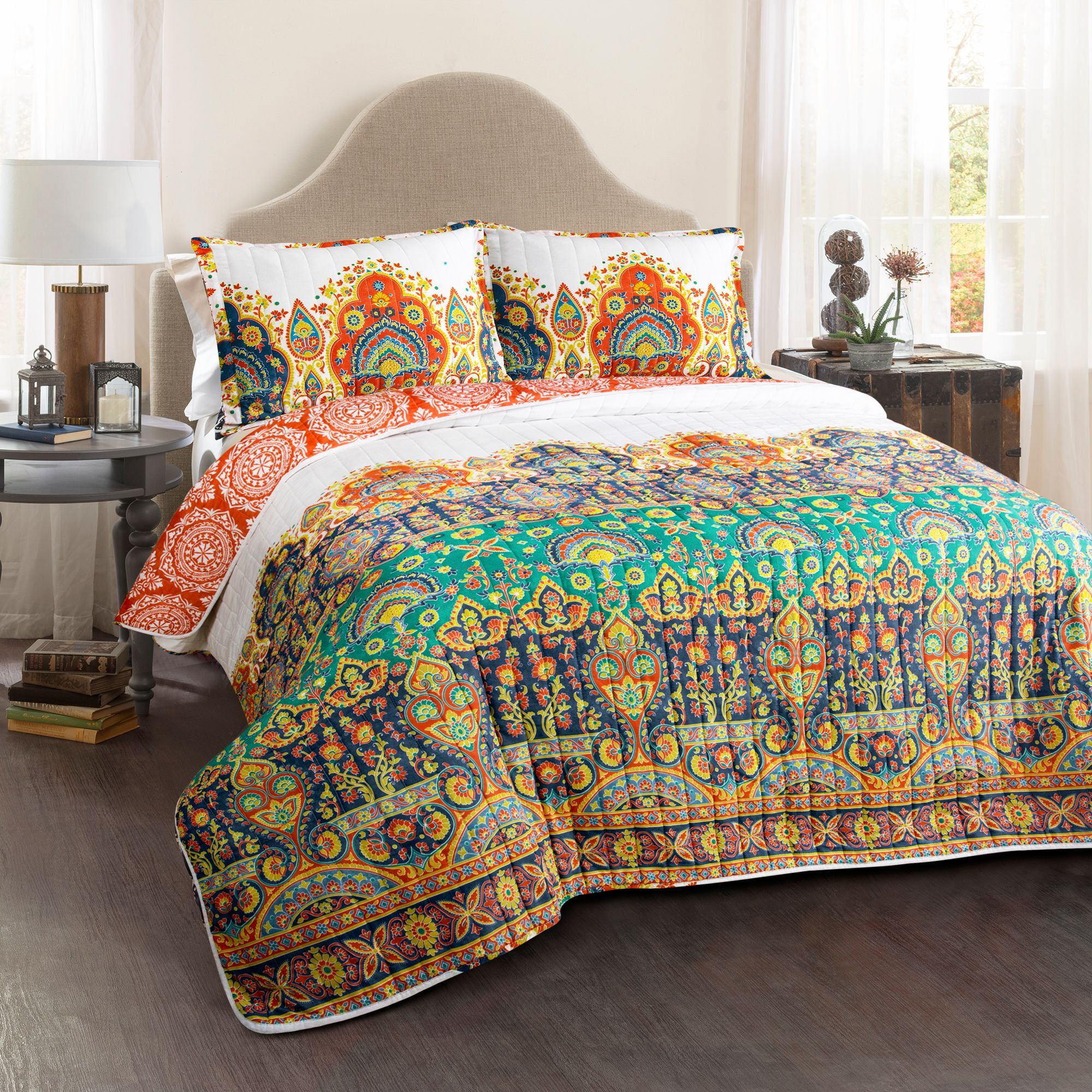 Bohemian Meadow Quilt Orange/Turquoise 3Pc Set Full/Queen ...