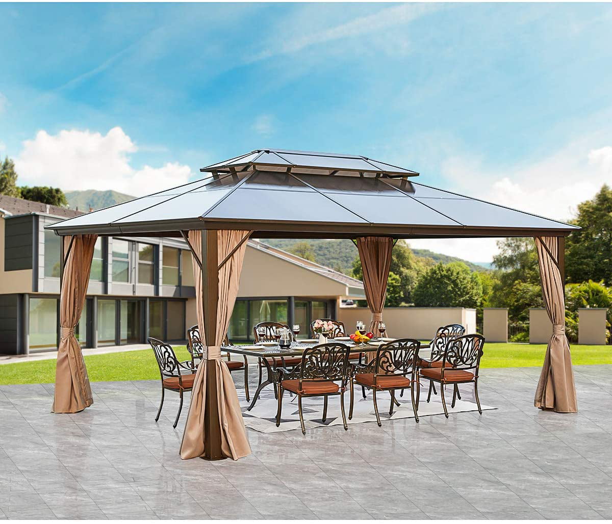 Monumart 3x3m Garden Gazebo Top Cover Roof Replacement Sun Proof Tent Canopy Pavilion Roof Beige/Wine Red/Blue Beige