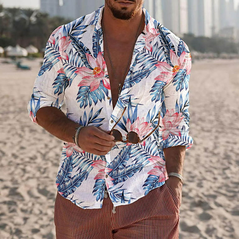 Podplug Fashion Shirts for Men, Men's Printed Long Sleeve Shirt Beach Style  Casual Loose Printed Leaf Long Sleeve Shirt / XL 