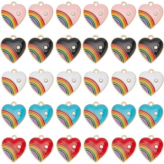 30pcs 5 Colors Rainbow Heart Charm Love Charms Alloy Rhinestone Golden Love Gay Pride Rainbow Strip Sweet Heart Charms Bulk for DIY Jewelry Making Charms Earring
