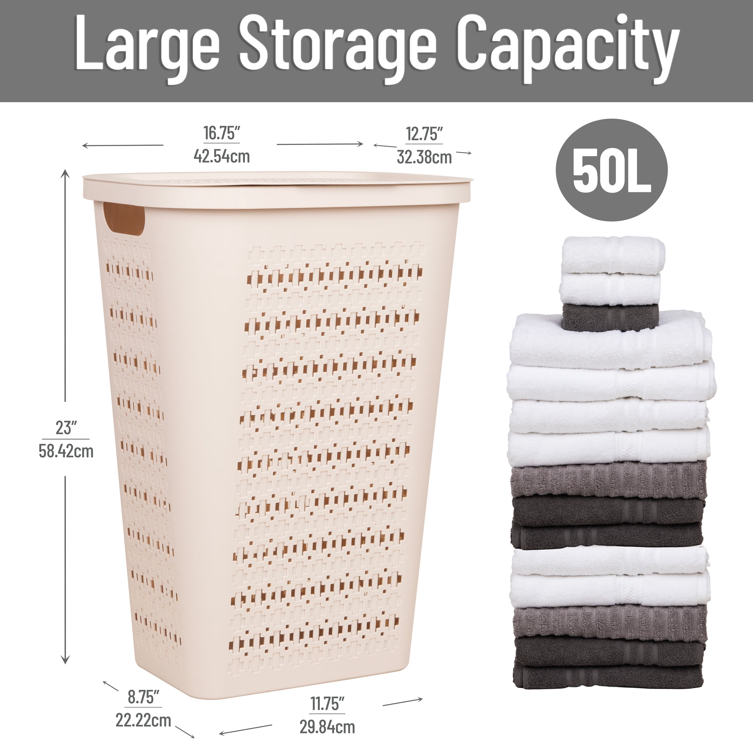 Mind Reader Slim Swiss Cross Cut-Outs Tapered Laundry Hampers with Lid, Plastic, Set of 2, Ivory