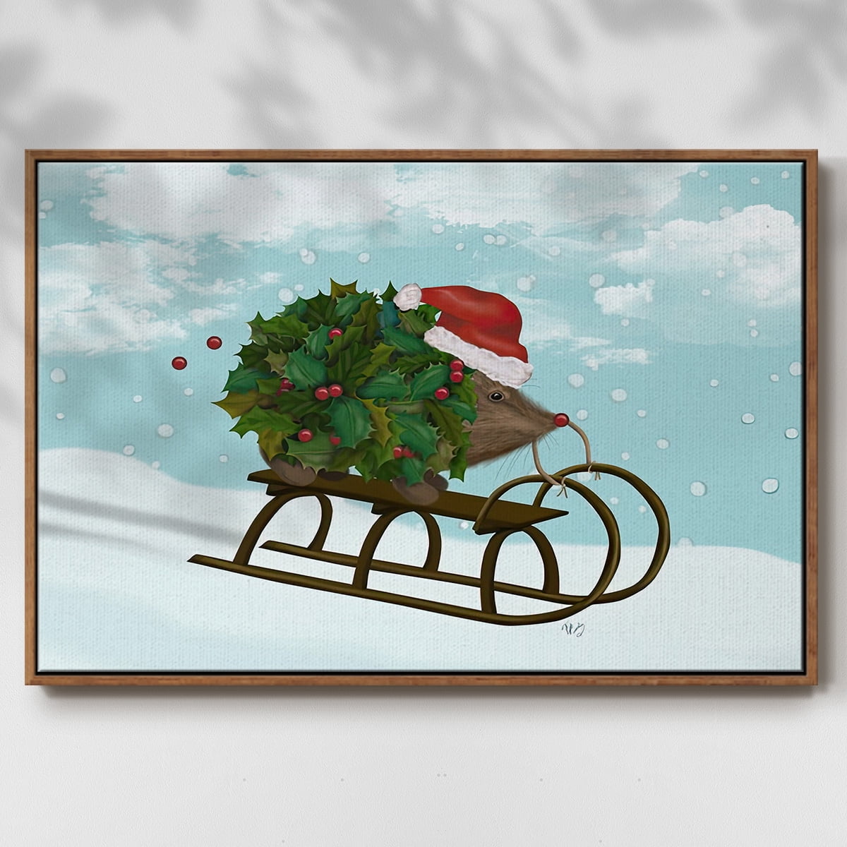 Christmas Holly Hedgehog Sledding - Framed Gallery Wrapped Holiday Canvas - 25 x 37 - Rosewood Frame
