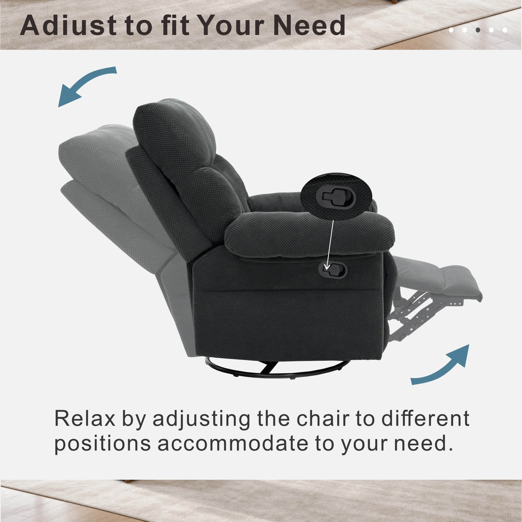 Noble House Modern Swivel Rocker Recliner Chair, Manual Glider Recliner with Textured Fabric, Dark Gray