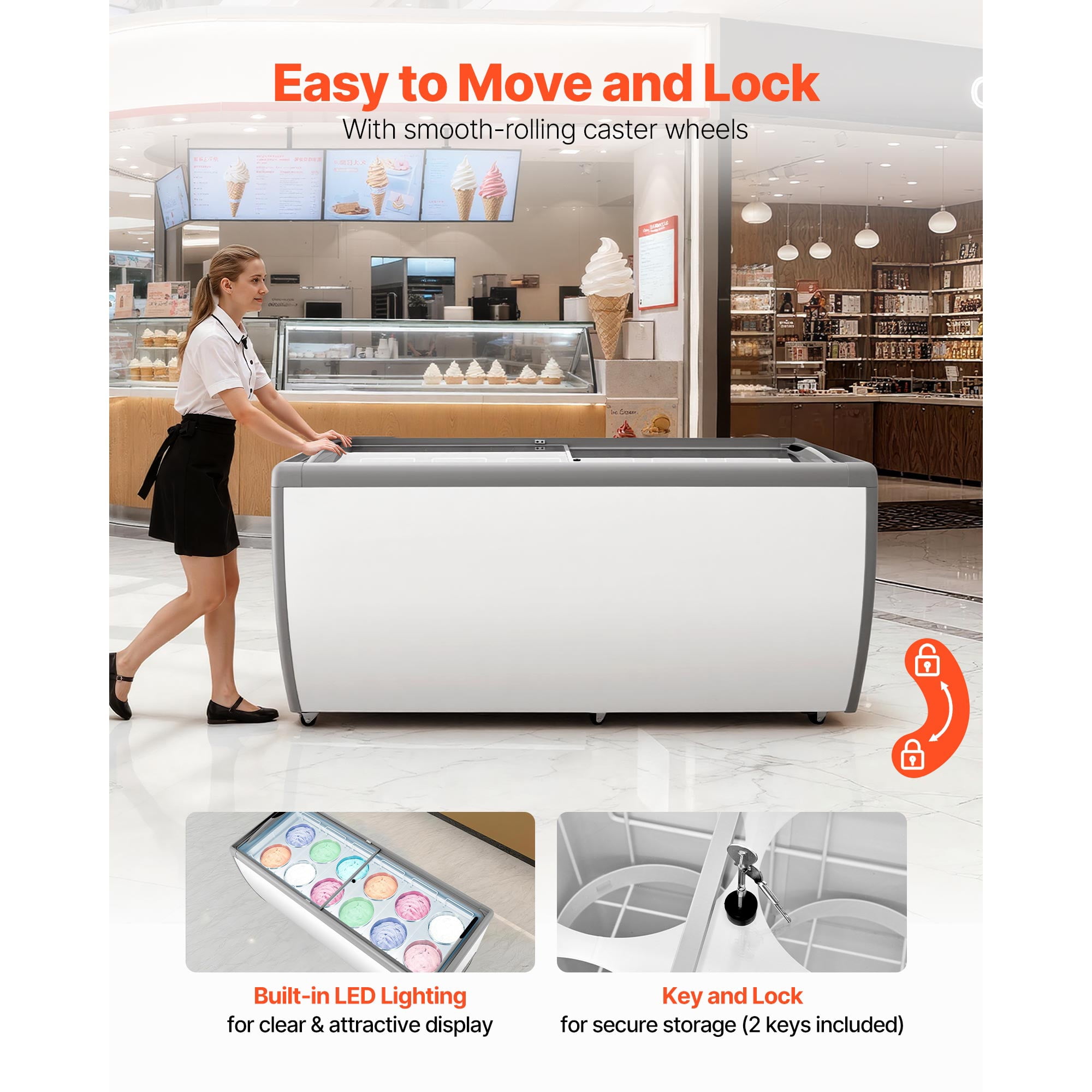 KFFKFF Commercial Ice Cream Display Freezer, 20 Cu.ft Capacity Chest Freezer, Gelato Dipping Cabinet for Restaurants with Casters, Sliding Glass Door, LED Lights, Holds 12 Ice Cream Containers