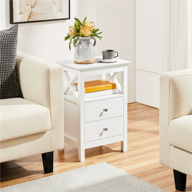 Yaheetech Farmhouse Bedside Table with 2 Drawer and 1 Shelf Storage, White