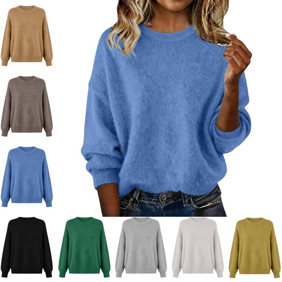 Danhjin Women's Fuzzy Sweaters Oversized Tops Long Sleeve Crew Neck Casual Pullover Fall Winter Fashion Comfy Soft Shirts Loungewear Outdoor Knitwear Blouses