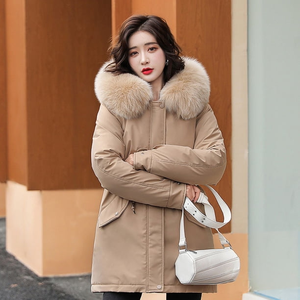 Parka larga con forro de lana para mujer, Abrigo con capucha, chaqueta delgada con Cuello de piel, ropa de nieve cálida, ropa acolchada, invierno, 2023