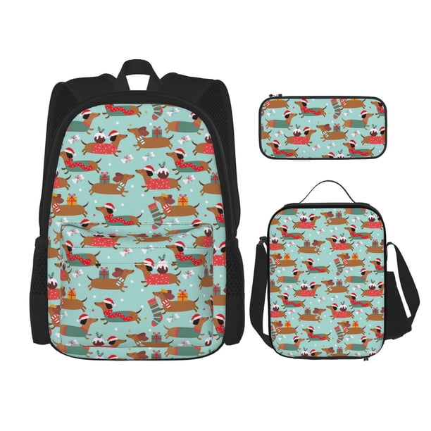 Easygdp Dachshund Christmas Play Mochila para Niños y Niñas con Set de Caja de Almuerzo y Estuche para Lápices 3 en 1, Mochila Escolar Estampada para Adolescentes