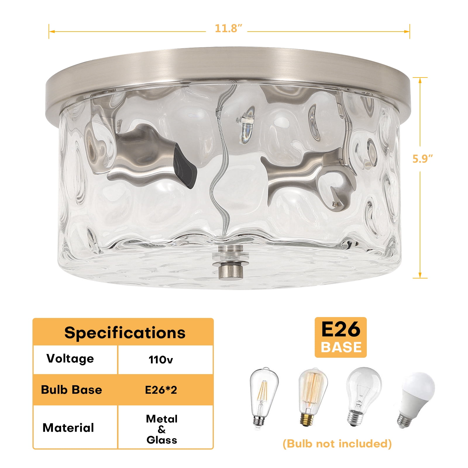 Nickel Vintage Ceiling Light Fixture Semi Flush Mount with Bubble Glass Shade 2-Light Farmhouse Ceiling Light Ceiling Lamp for Living Room Bedroom Foyer Hallway 11.8"