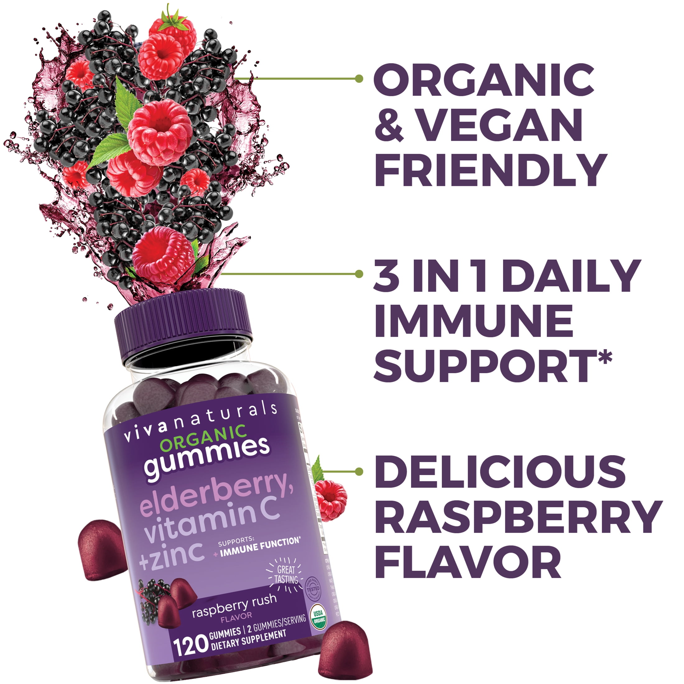 Viva Naturals Organic Elderberry, Vitamin C + Zinc Gummies, Raspberry Rush Flavor, 120 Gummies