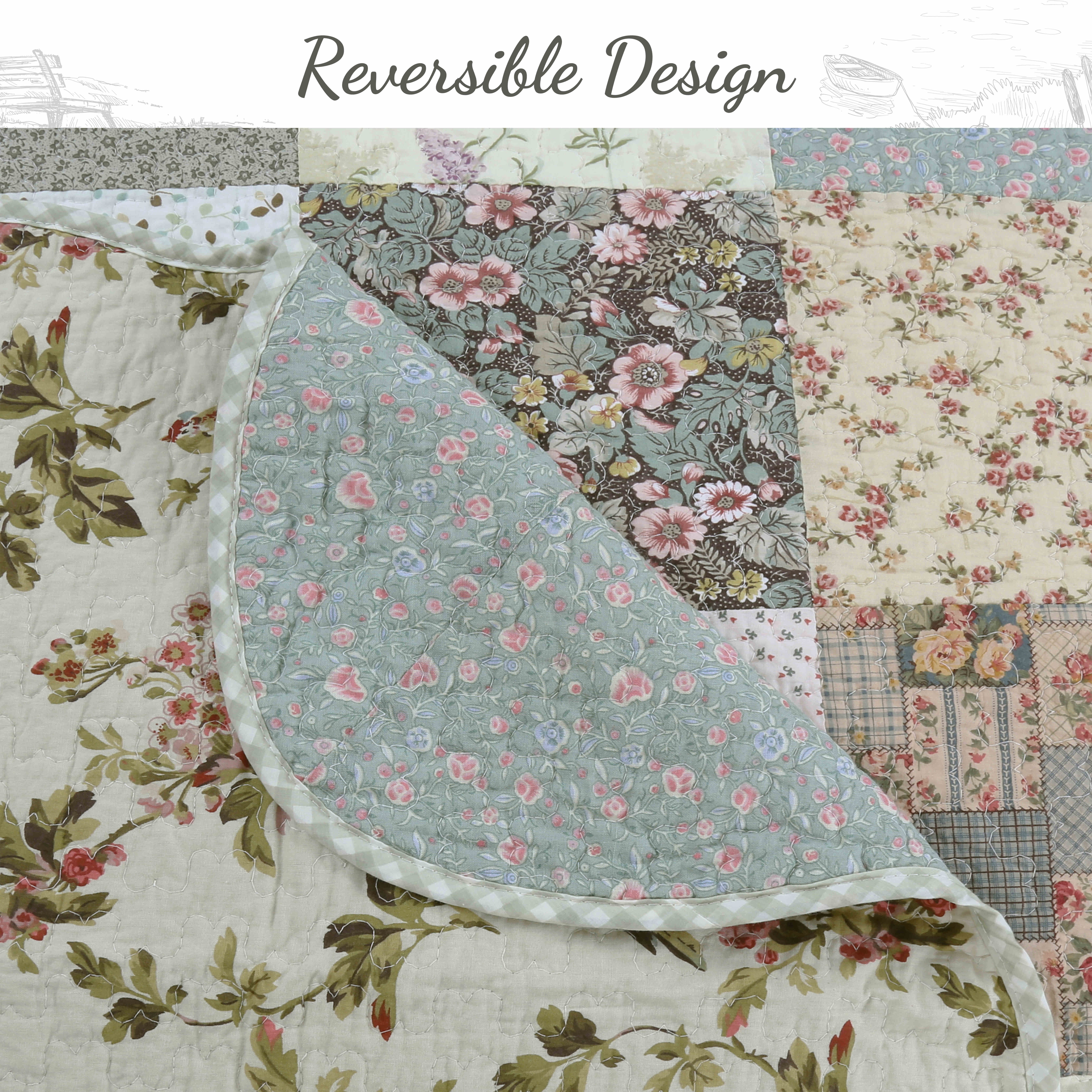 Country Floral Chic Scalloped Patchwork Cotton 3-Piece Quilt Bedding Set