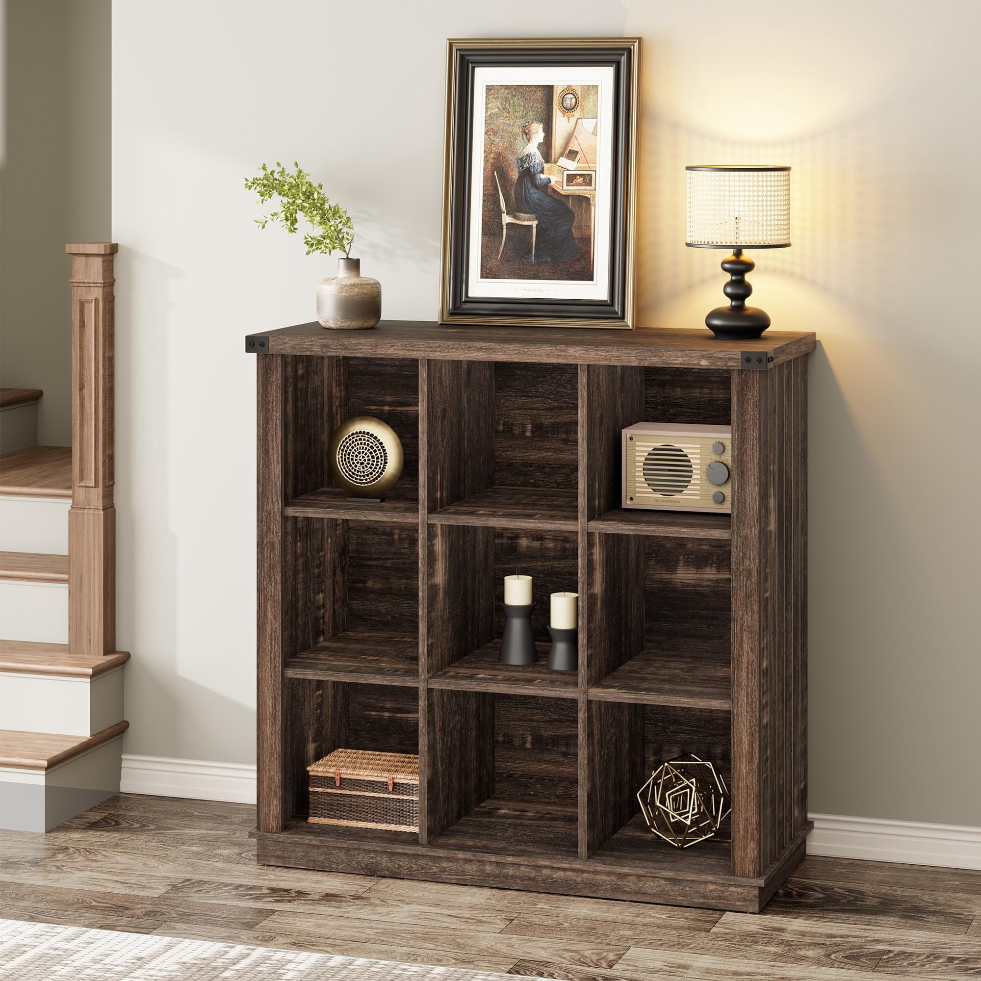 Soonbuy 9 Cube Storage Organizer Bookshelf, 4 Tier Farmhouse Horizontal Bookcase, 37.4 Inch Wood Storage Bookcase for Entryway, Long Low Bookshelves for Living Room