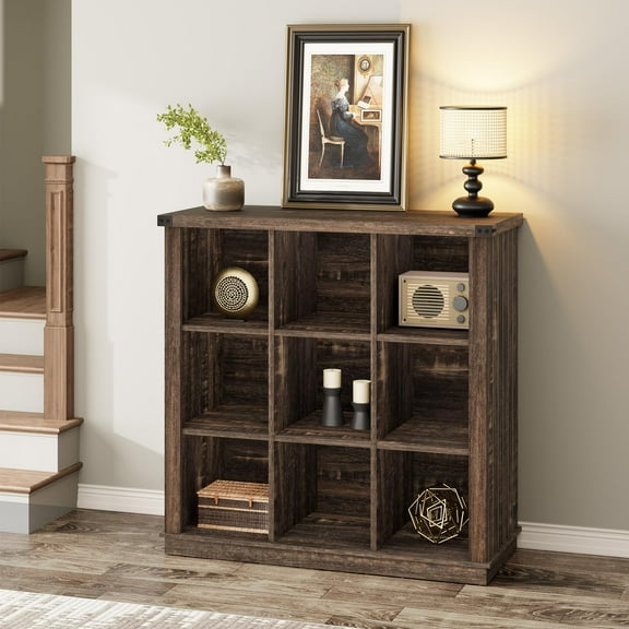 Pinypikaka 37.4" 9 Cube Storage Organizer Bookshelf Farmhouse Wood Horizontal Storage Bookcase for Entryway, Long Low Bookshelves for Living Room