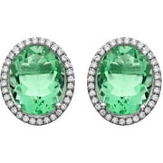 Platinum-Plated Sterling Silver Oval Single-Cut Green Obsidian Pave CZ Earrings