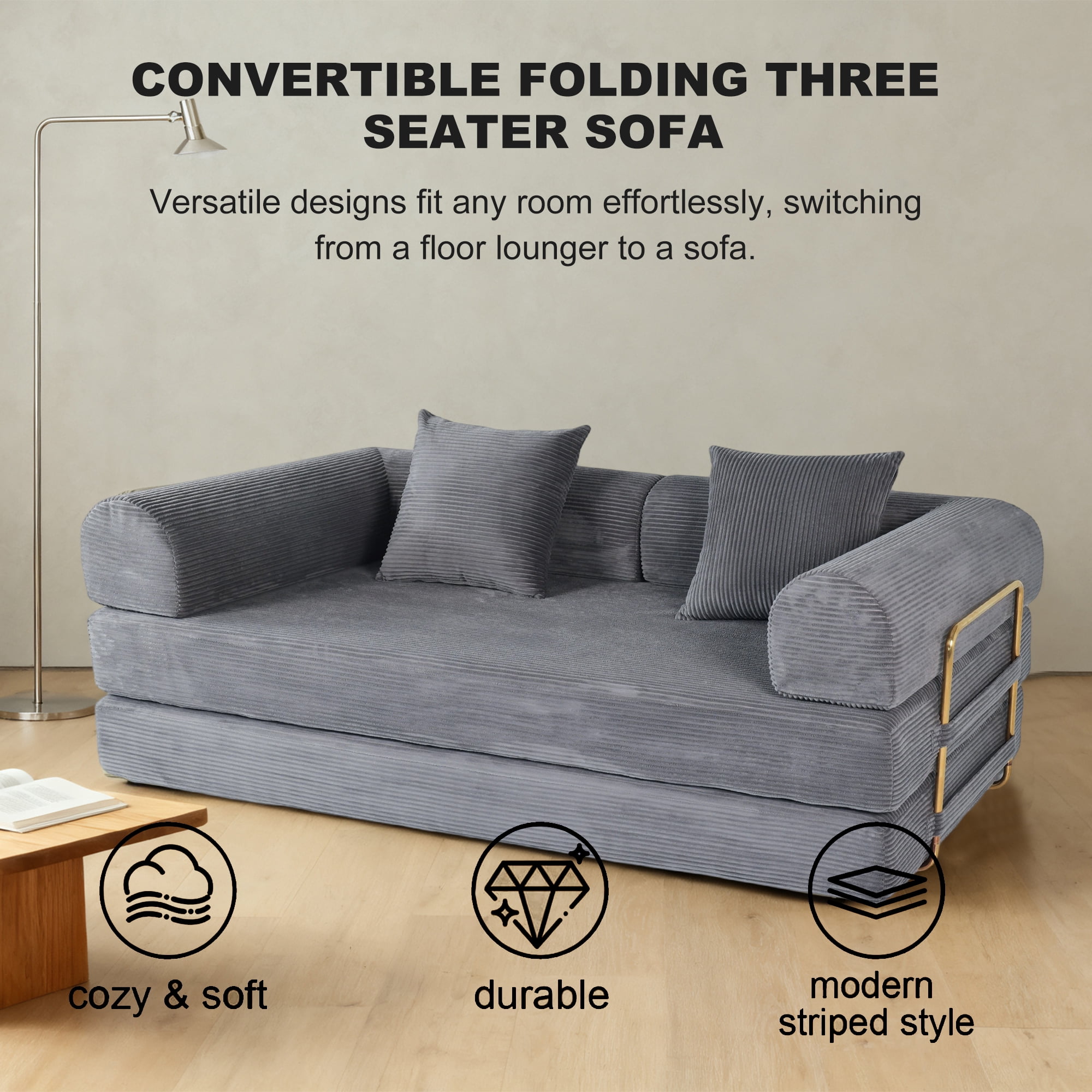 2-in-1 Foldable Sofa Bed 75 Inch Folding Couch Convertible Compressed Sleeper Sofabed Memory Foam Faux Fur Upholstered Cloud Couch Mattress Bed 2 Pillows Grey Ash