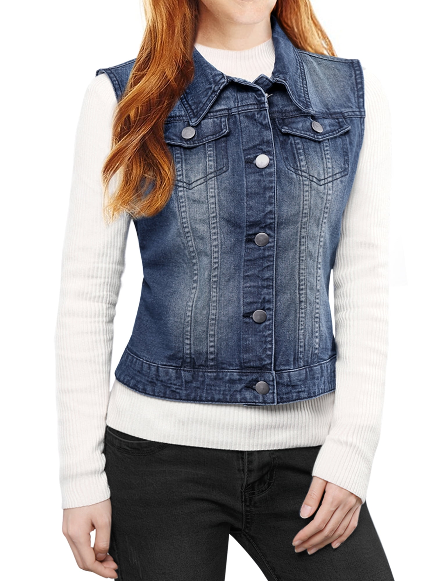 DARING DIVA Women's Denim Sleeveless Flap Pockets Vest Jacket S Dark Blue