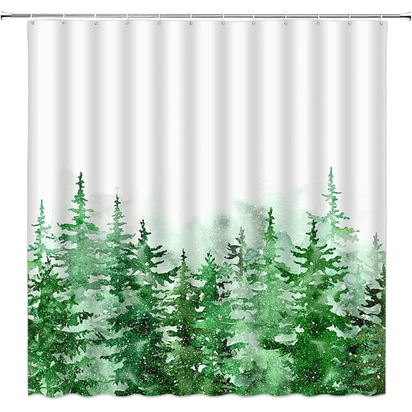 Christmas Tree RV Shower Curtain Green Pine Tree Snow Winter Holiday Forest Watercolor Rustic Nature Scenery Small Stall Bathroom Decor Curtain with Hooks,36" Wx70 H