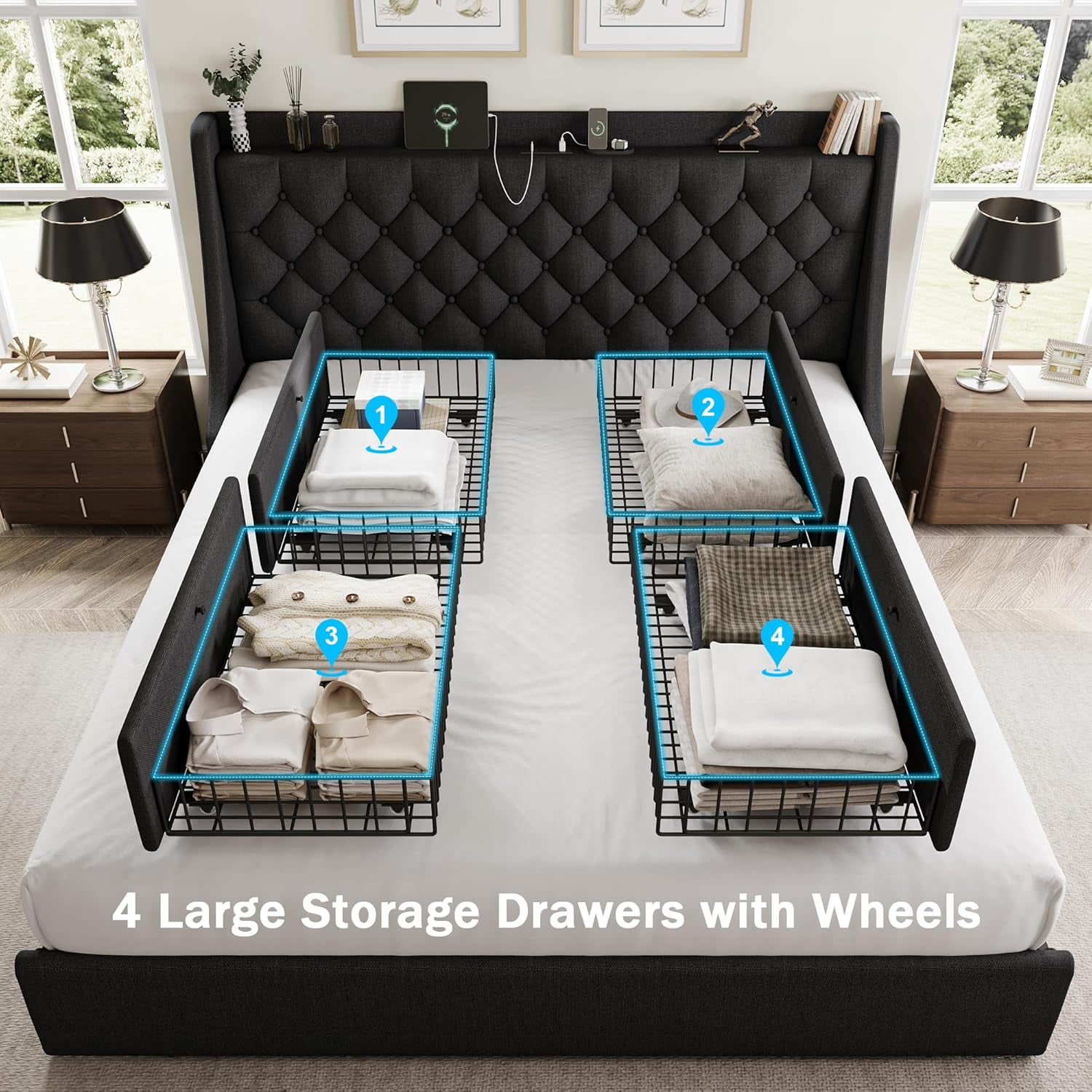 Galnfu King Size Bed Frame with 4 Storage Drawers, Giant Upholstered Wingback Headboard, Fast Charging Station, No Box Spring Needed, Noise-Free,Black
