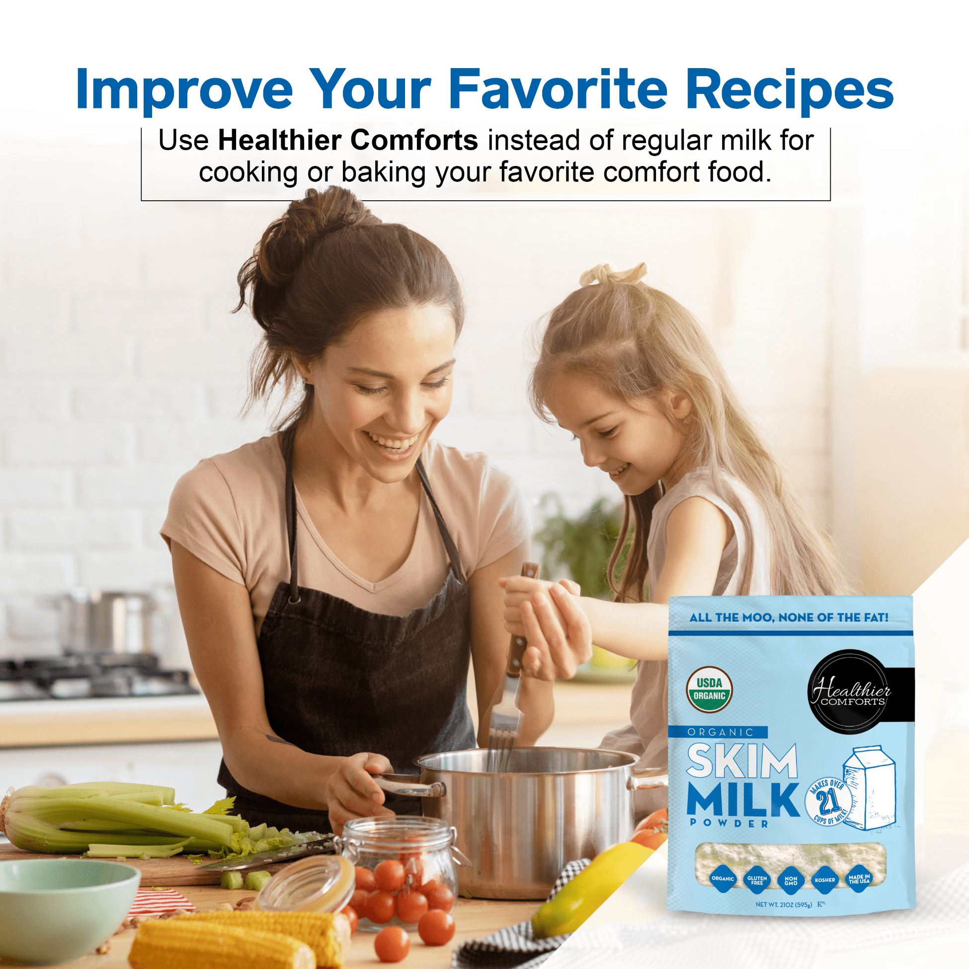 Healthier Comforts Organic Skim Milk Powder 21oz | Certified USDA Organic | Fat Free, Kosher, Gluten Free, Non-GMO, Shelf Stable | Perfect for Shakes, Smoothies, Coffee Creamer, Baking | Made in USA