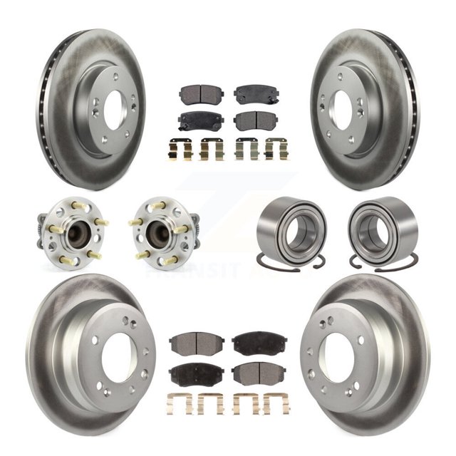 Transit Auto Front Rear Wheel Hub Bearings Assembly Coated Disc Brake Rotors and Semi-Metallic Pads Kit (10Pc) for Car Hyundai Tucson Kia Sportage FWD - Left Right Side (Driver Passenger) KBB-107813