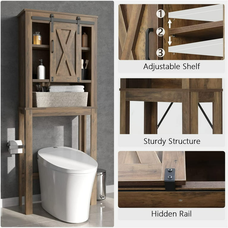 Over The Toilet Storage Cabinet, Farmhouse Storage Cabinet Over Toilet with 2 Barn Door & Toilet Paper Holder Stand,Home Space-Saving Toilet Rack