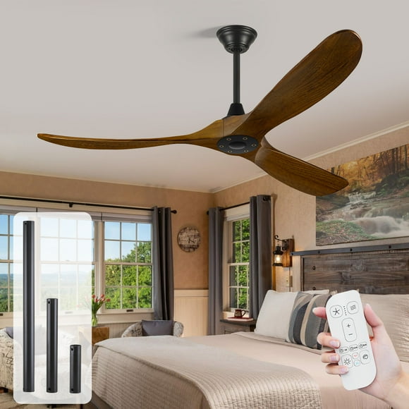 52" Solid Wood Ceiling Fan No Light, 6061 CFM High Airflow Propeller Fan with Remote, Quiet Reversible DC Motor, 3 Downrods (5/10/24")Damp Rated for Indoor Outdoor Patio Porch Modern Farmhouse