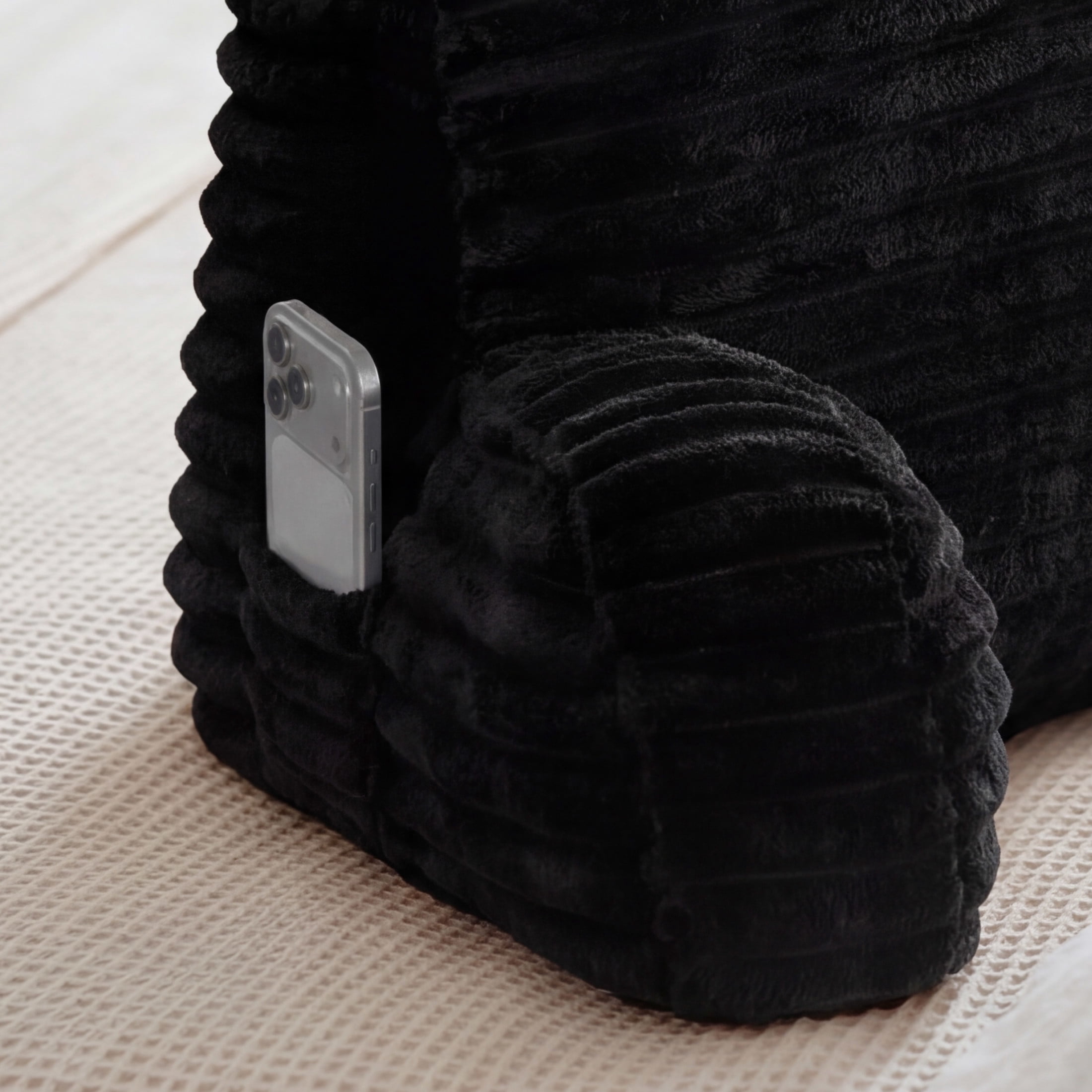 The Sheet Lab Ribbed Plush Backrest Pillow with Armrests, Black, 29 x 24.5 x 10.5 Inches