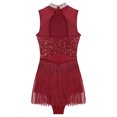 thumbnail image 6 of inhzoy Womens Tassel Latin Jazz Dance Dress Sequins Mock Neck Figure Skating Dance Leotard Burgundy L, 6 of 9