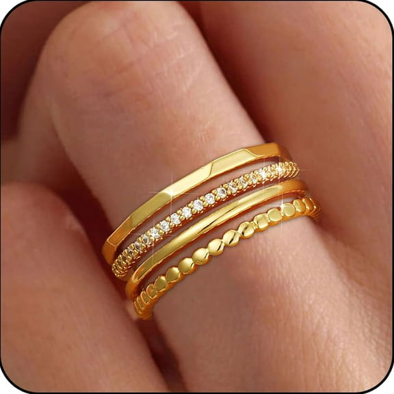 LUNVKY 4PCS 18K Gold Plated Rings for Women Non Tarnish Knuckle Dainty Fashion CZ Ring Pinky Thin Thumb Stackable Ring Set Birthday Valentines Day Jewelry Gifts Teen Girlfriend Wife Her Age Ideas