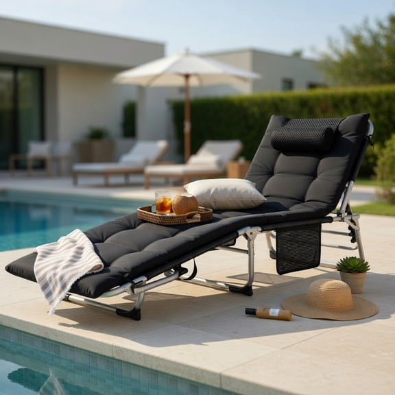 Hommoo 4-Position Oversized Folding Chaise Lounge Chair with Removable Padded Mattress, Breathable Fabric & Steel Frame, Black